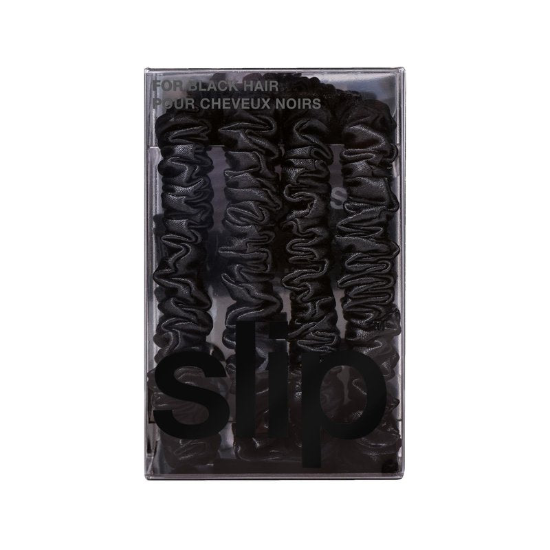 Slip Silk Hair Ties — Skinny Silk Black Scrunchies, No Damage, No Crease, Anti-Breakage |100% Mulberry Silk | All Hair Types | Made with Proprietary Slipsilk™ | Set of 4