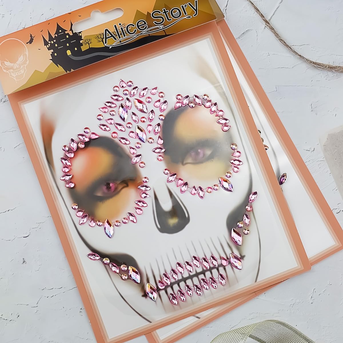 Day Of The Dead Skull Pink Face Stickers Gems Jewels Rhinestone Skeleton Gem Face Decal Temporary Tattoo Kit For Halloween Festival Rave Party Outfit Men Women Hollowing Prank Makeup
