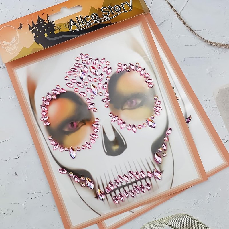 Day Of The Dead Skull Pink Face Stickers Gems Jewels Rhinestone Skeleton Gem Face Decal Temporary Tattoo Kit For Halloween Festival Rave Party Outfit Men Women Hollowing Prank Makeup