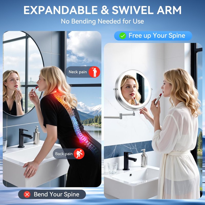 5000mAh Rechargeable Wall Mounted Lighted Makeup Mirror, 9'' 30X/1X Double-Sided Magnifying Mirror with Light, Bathroom Mirror Touch Dimmable 3 Colors 360ยฐ Rotation Extended Arm, Power Adapter