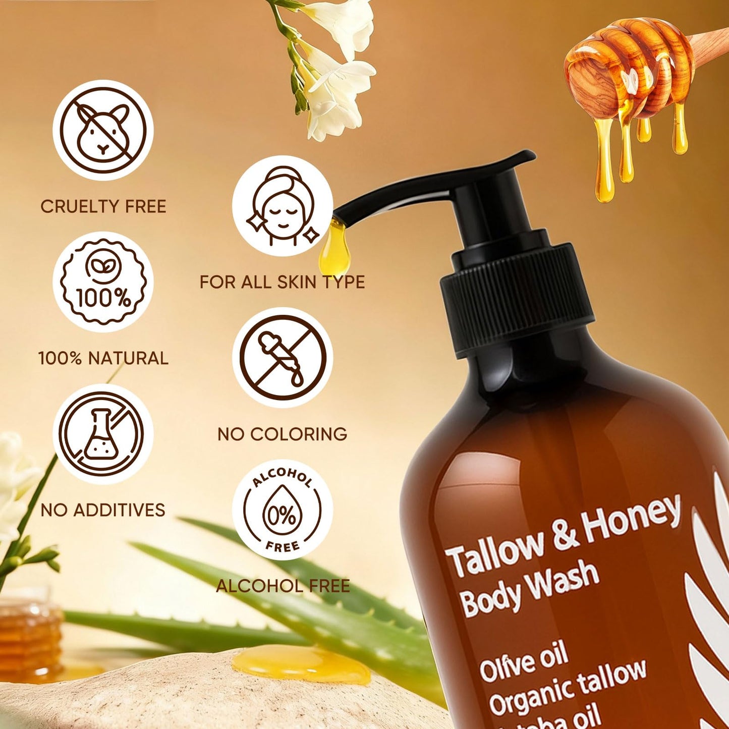 WDVNEX Tallow and Honey Body Wash, Grass-Finished Tallow & Honey Organic Body Wash -10oz, with Grass-Fed Tallow, Olive Oil, Aloe Vera, Shea Butter and Jojoba Oil, Clean & Hydrate Skin (1)