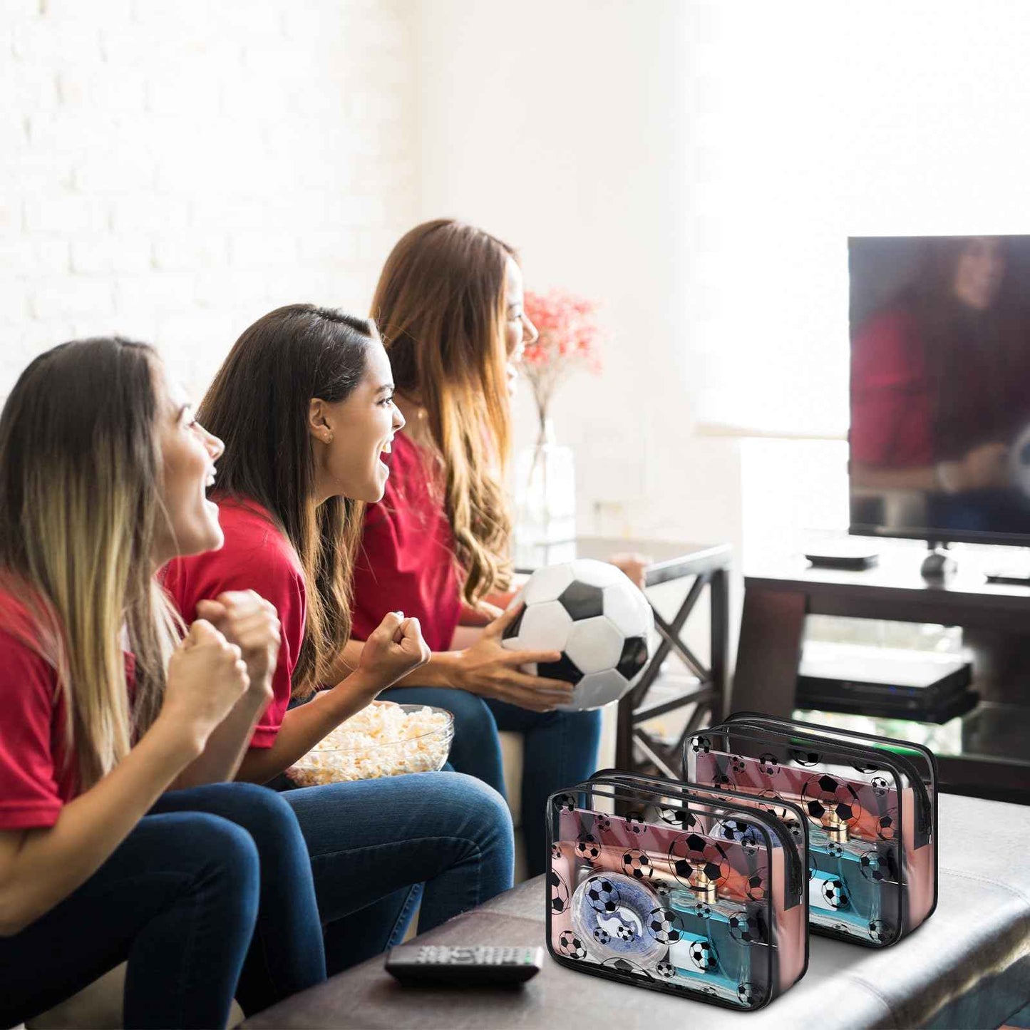 Kacctyen 20 Pcs Soccer Clear Makeup Gift Bags Bulk for Team Girls Soccer Party Accessories Goodie Bags for Football Lovers Clear Cosmetic Bag PVC Waterproof Christmas Gift for Women