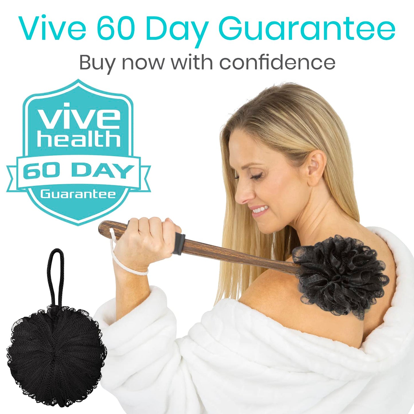 Vive 17” Shower Loofah with Long Handle - Exfoliating Back & Body Scrubber for Men & Women - Luffa Sponge on a Stick for Bathing, Cleaning - Includes Extra Handheld Lufa, Hook & String to Hang on Wall