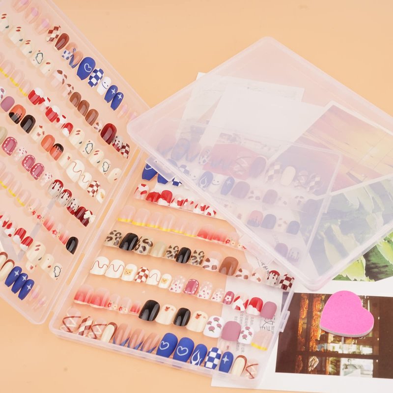 2PCS Press on Nail Organizer, Clear Press on Nail Storage Box Acrylic Nail Art Display Packaging Box Fake Nail Storage Case with Transparent Tape (Not Inlcuded Press on Nail) (8.9x6.5x0.7inch)