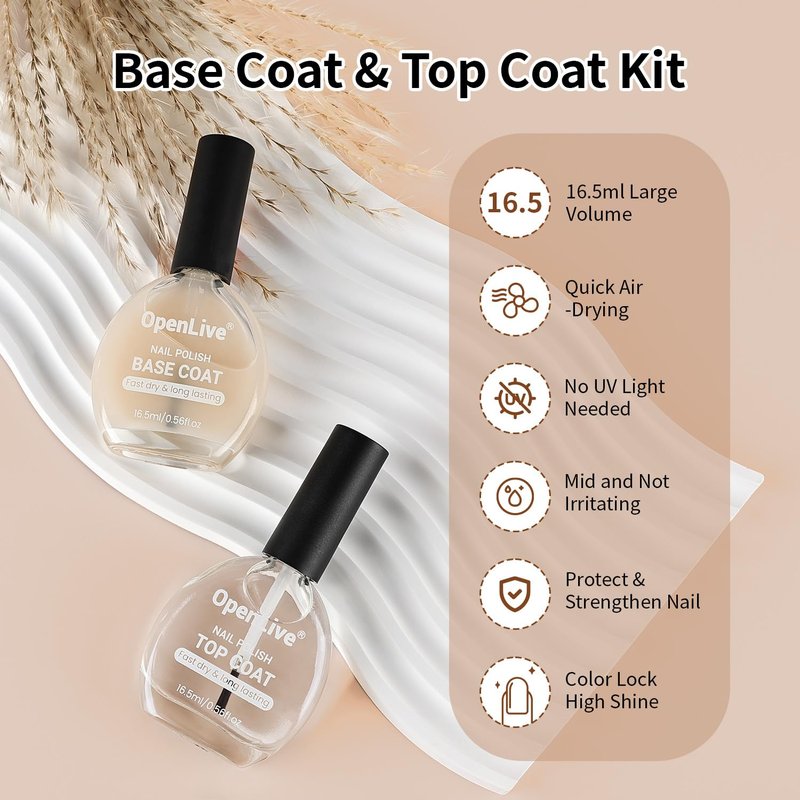 OpenLive Base and Top Coat Nail Polish Quick Dry,16.5ml Large capacity Basic Nail Polish Set Air Dry Fast, High-Glossy Shiny, No U V Light Needed for Women Salon DIY Nail Art