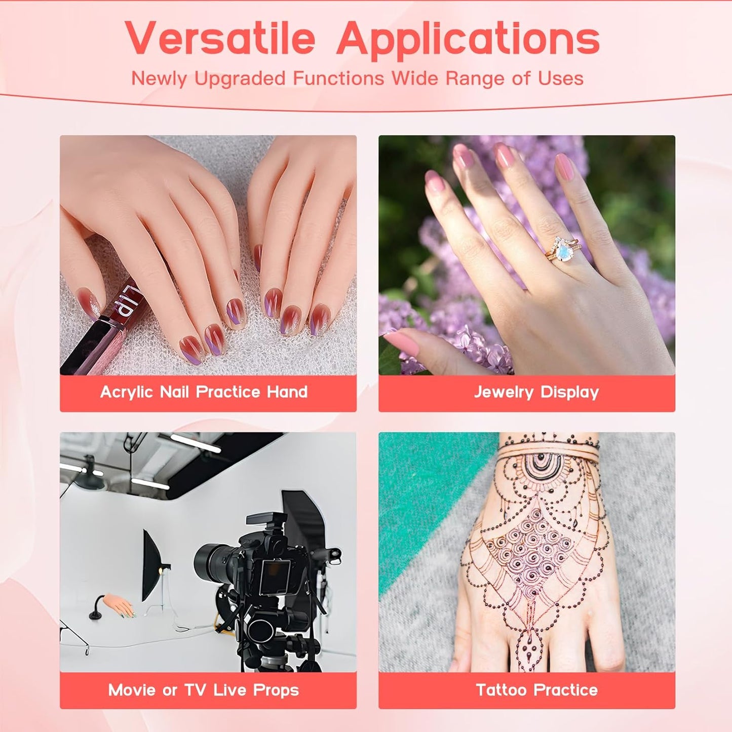 Flexible Silicone Practice Hand for Acrylic Nails with 528 Nail Tips & Stand