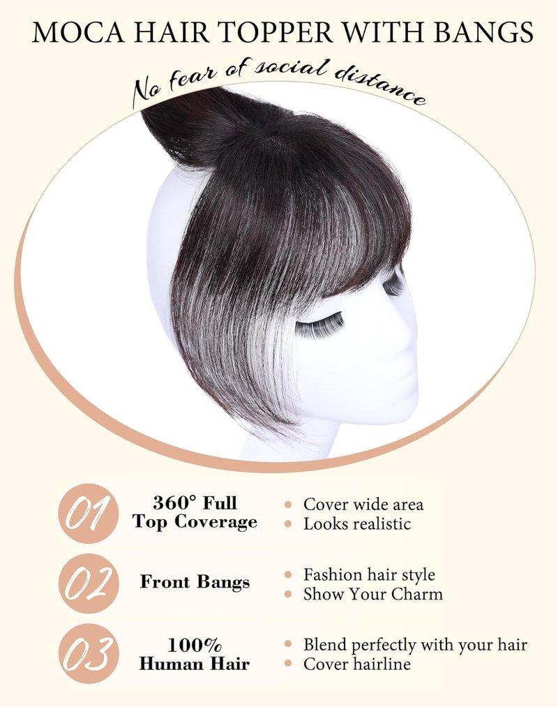 Real Human Hair Toppers for Women - 360° Clip-On Bangs for Daily Wear | 10 Inch Brown