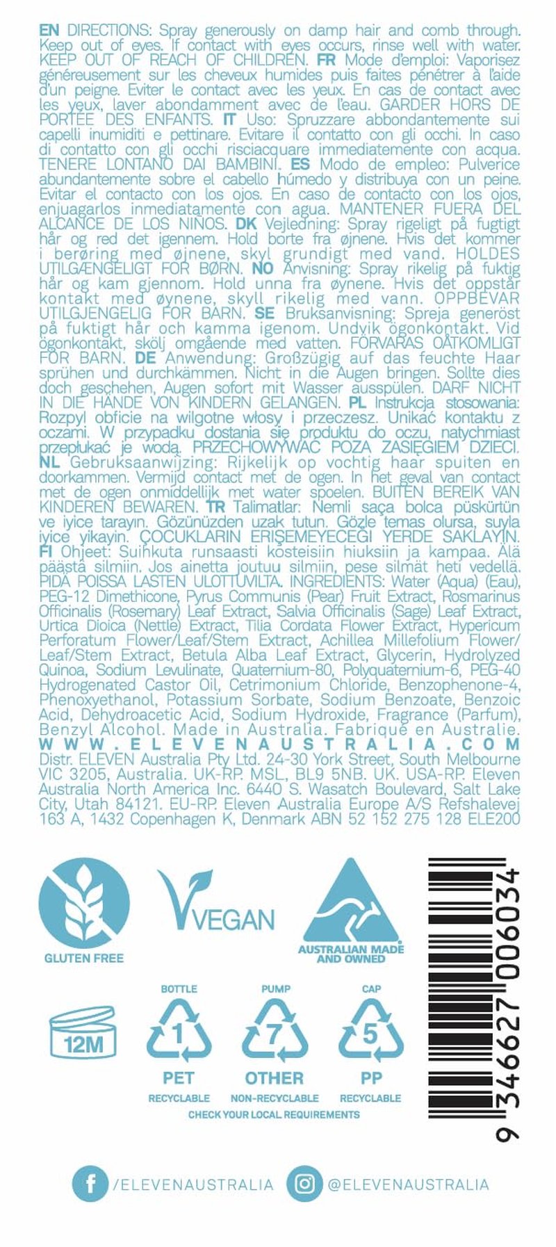 ELEVEN AUSTRALIA Detangle My Hair Leave In Conditioner Spray - Detangler Spray for Men & Women, Curly & Straight Hair Care Products for Tangles, Detangling Heat Protection, Moisturizing - 6.8 fl oz