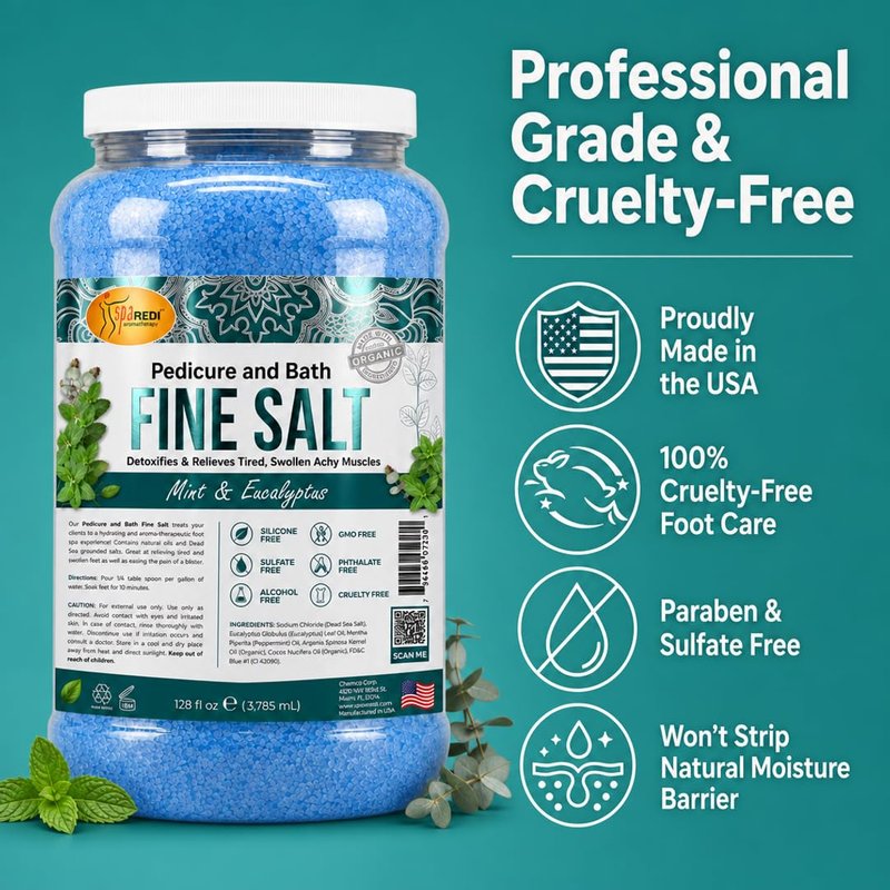 SPA REDI - Detox Foot Soak Pedicure and Bath Fine Salt, Mint and Eucalyptus, 128 Oz - Made with Dead Sea Salts, Argan Oil, Coconut Oil, and Essential Oil - Hydrates, Softens & Moisturizes Pkg May Vary