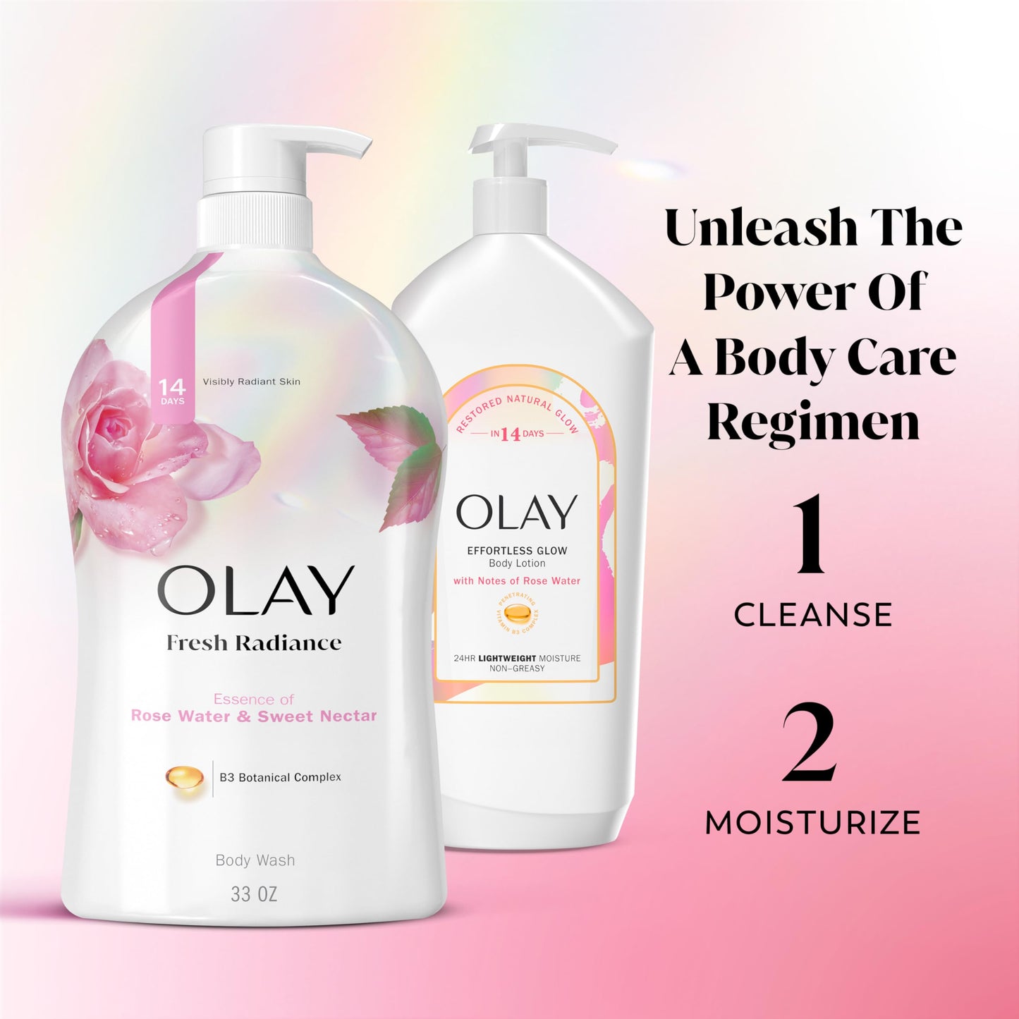 Olay Body Wash for Women, Fresh Radiance, Refreshing & Renewing, Made with Plant Based Cleansers, B3 Botanical Complex, For All Skin Types, Rose Water & Sweet Nectar Scent, 33 fl oz (Pack of 4)