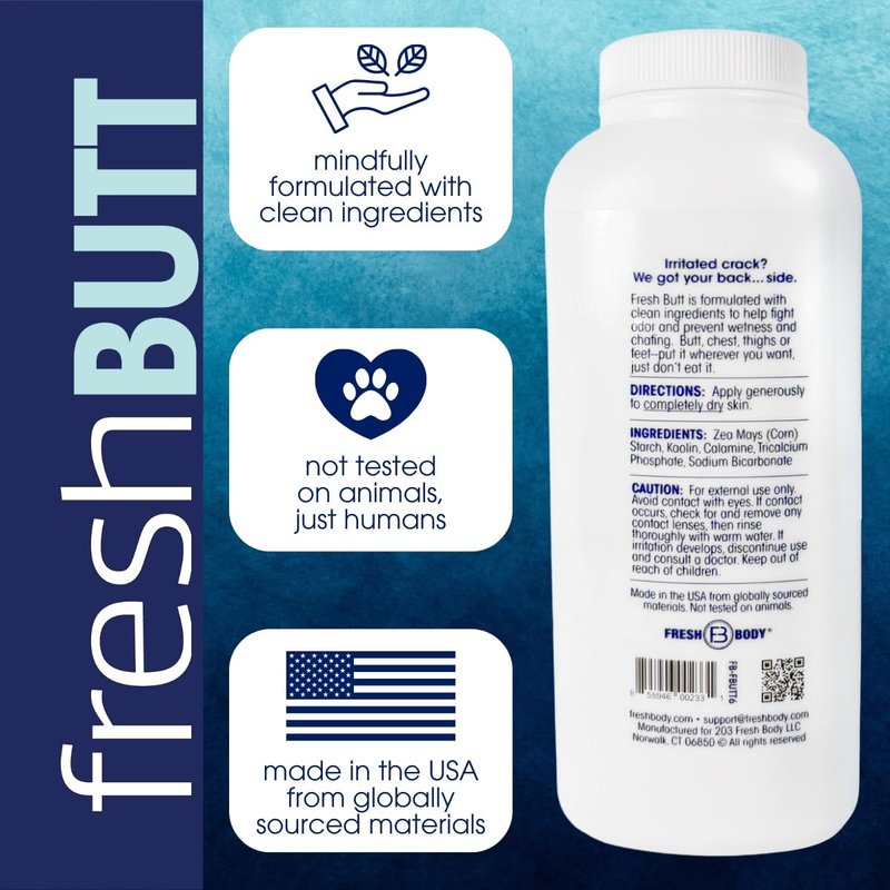 Fresh Butt Body Powder for Men & Women - Talc-Free with Calamine for Friction Fighting, Anti-Chafing, Anti-Itch, Odor & Sweat Absorbing, Unscented, 6oz