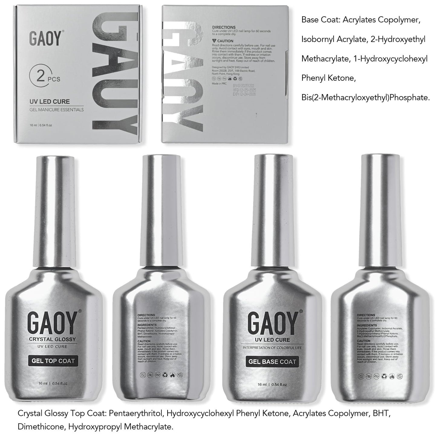 GAOY Crystal Glossy Gel Top and Base Coat Set, 16ml 2 Pcs High-Gloss Top Coat and No Wipe Foundation Combination for UV Light Gel Nail Polish