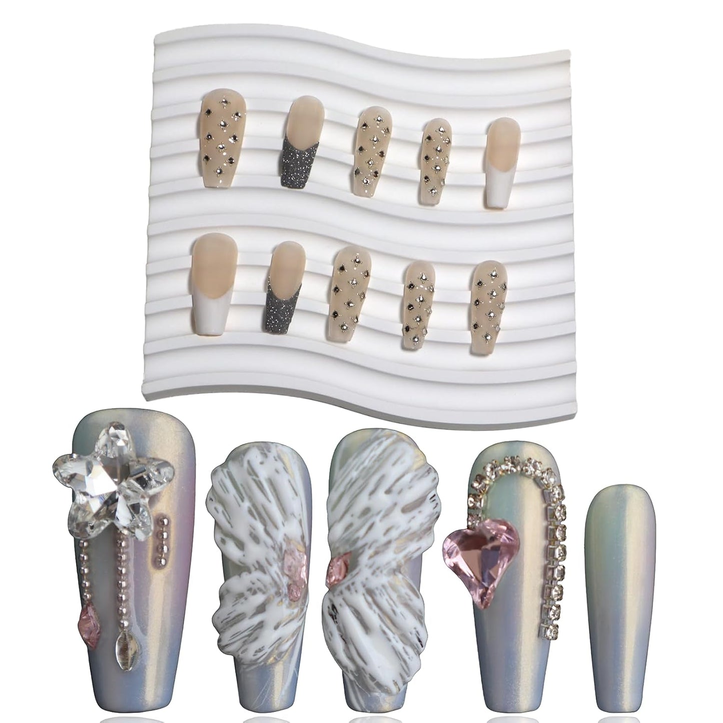 COOLYOUNG Handmade Coffin Press on Nails Set - 'Dream Angels' & 'Starry Sky' Bundle