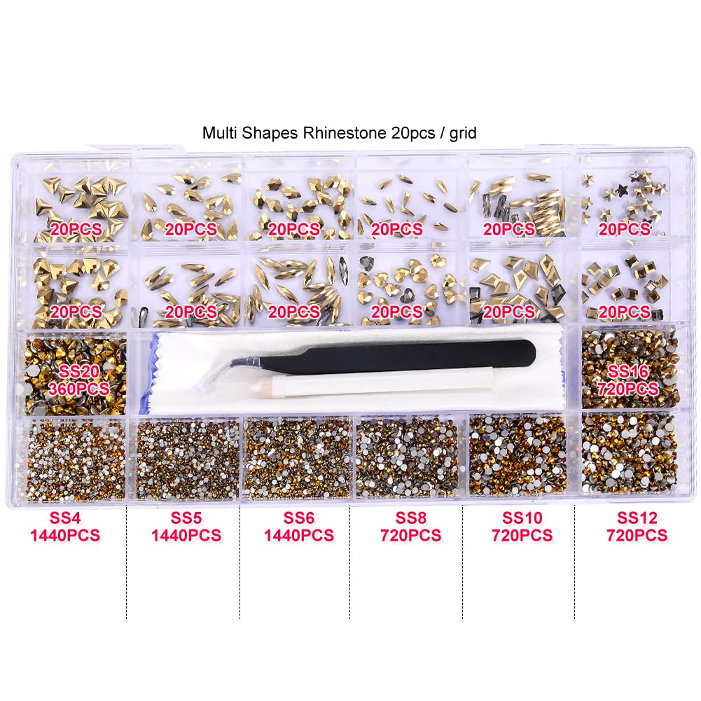 7800Pcs Glass Crystals Rhinestone for Nail Art Crafts,Multi Shapes Nail Gems Flatback Rhinestone,Jewels Diamonds Stone Kit with Picking Pen,1 Tweezers,1 Cleaning Cloth,1 Pair Gloves(Gold)