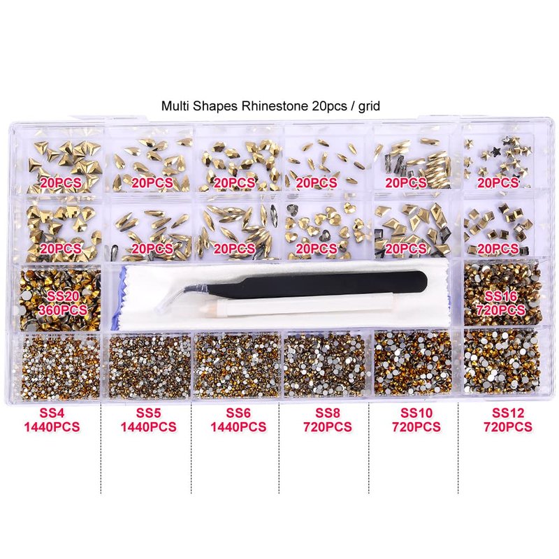 7800Pcs Glass Crystals Rhinestone for Nail Art Crafts,Multi Shapes Nail Gems Flatback Rhinestone,Jewels Diamonds Stone Kit with Picking Pen,1 Tweezers,1 Cleaning Cloth,1 Pair Gloves(Gold)