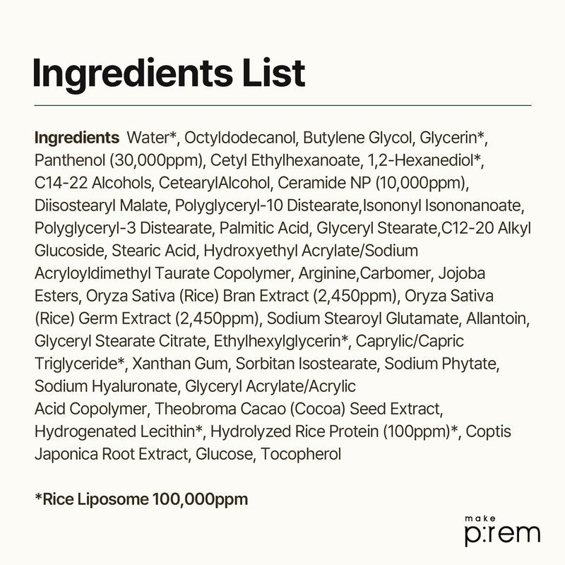 MAKE P:REM Rice Liposome Ceramide Barrier Cream, Skin Barrier Support, Long-Lasting 24H Hydrating Moisturizer, Korean Skin Care, 1.69 fl.oz. (50ml)