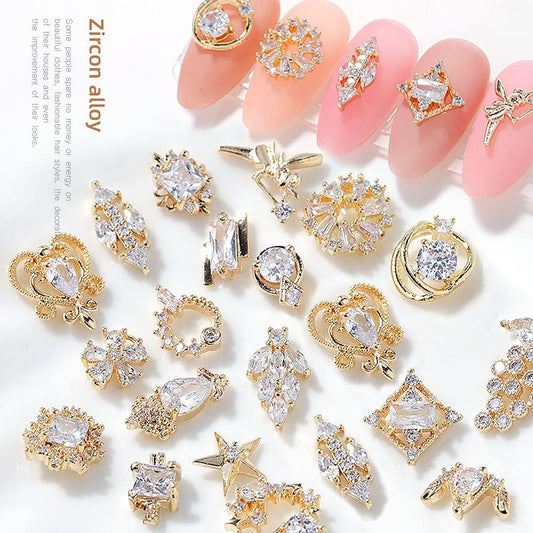 Luxury Gold Nail Art Charms with White Zircon Rhinestones - 22 Pcs Shiny Crystal Gems for DIY Nail Decoration