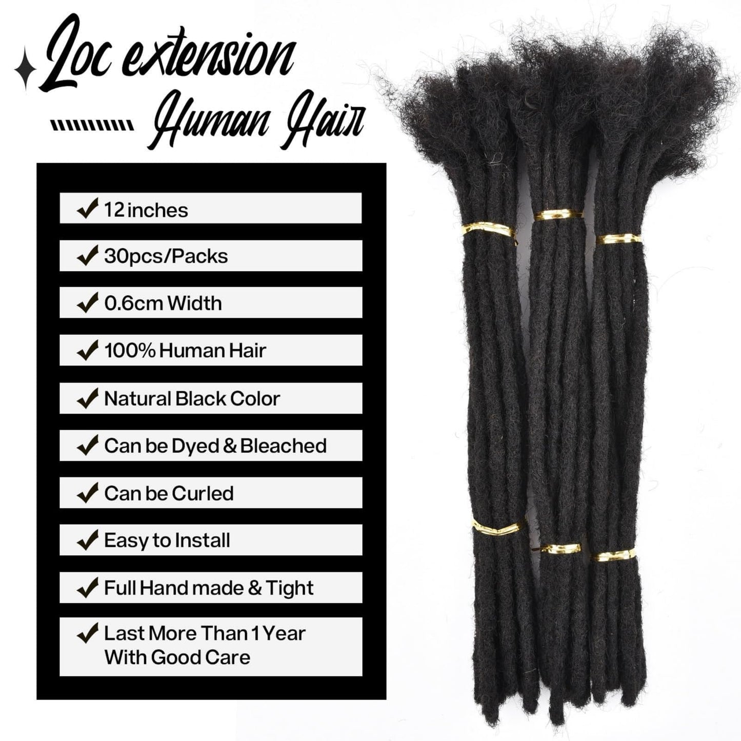 12 Inch Loc Extensions Human Hair 0.6CM Width Dreadlock Extensions for Blck Men/Women Can Be Dyed Bleached Curled Full Handmade Permanent (12 Inch-30Strands,1B)