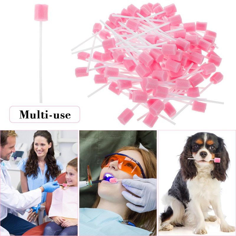 Healifty 200Pcs Disposable Oral Swabs Sponge, Unflavored Mouth Cleaning Tooth, Foam Toothbrush Swabsticks for Elderly Bedridden Care & Baby Tongue Cleaner Pink