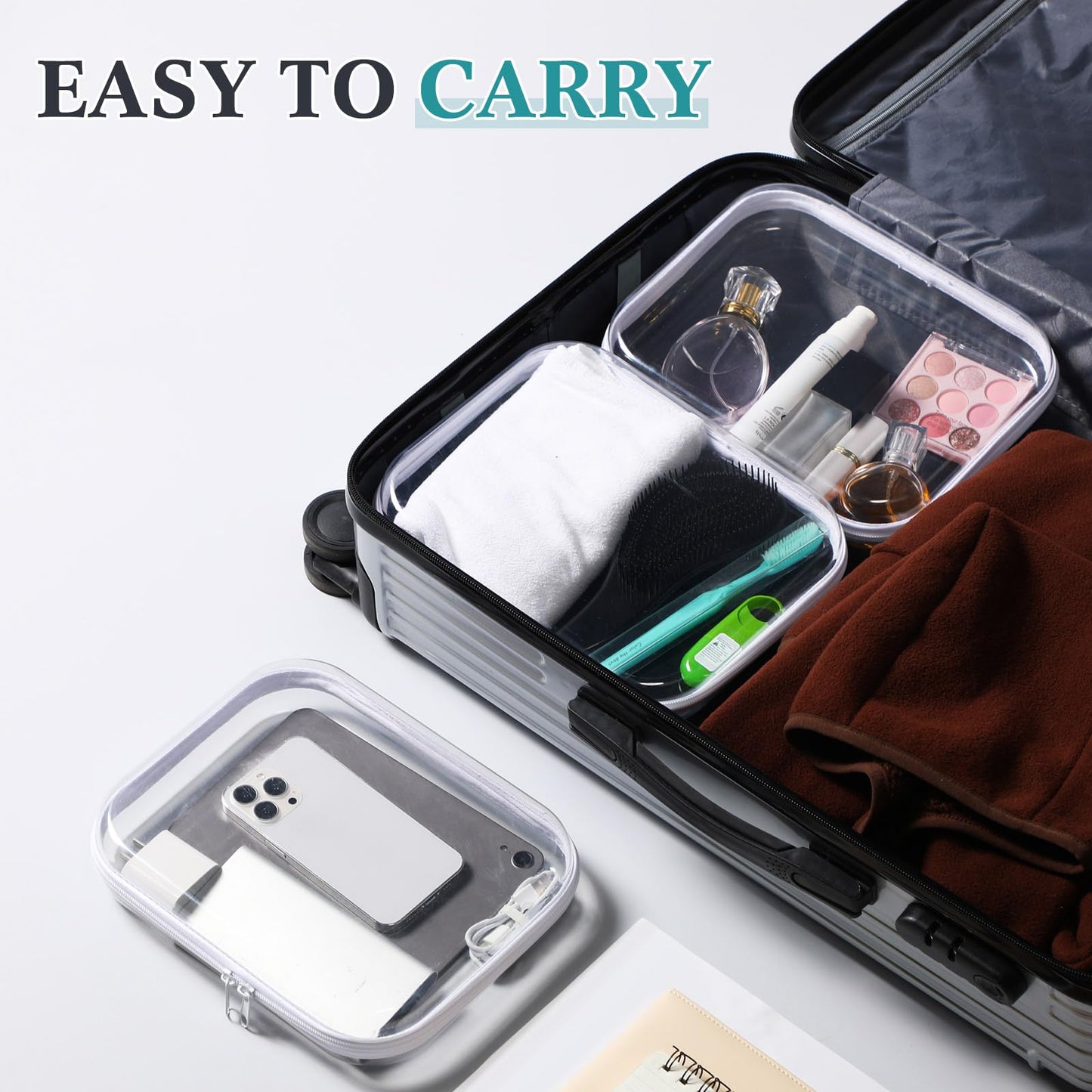 Sanwuta 6 Pcs Clear Hard Zipper Case Plastic Zipper Pouches Transparent Makeup Bag Pencil Case Pouches Toiletry Diaper Bag for Travel Toy Storage Organizer Bins(White,9.84 x 7.87 x 2 Inch)