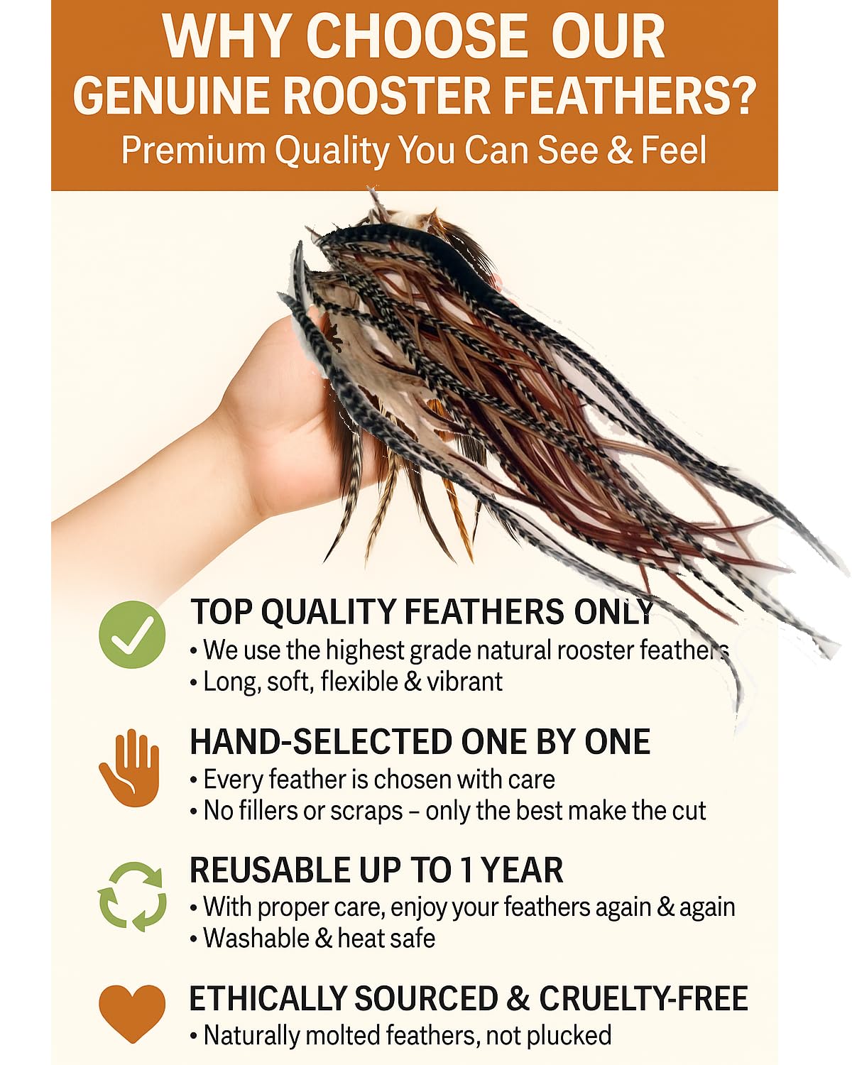 Sexy Sparkles Feather Hair Extension – 25 Loose Long Natural Rooster Feathers in Brown, Beige, and Grizzly, All Individual Feathers, Ranging From 6 to 11 Inches in Length