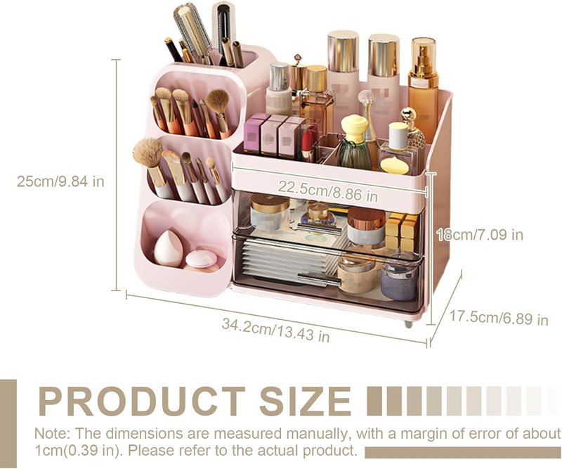 Makeup Organizer with Drawer - Skincare & Cosmetic Storage Box | Pink Beauty Holder for Lipstick, Brushes & Eyeliner