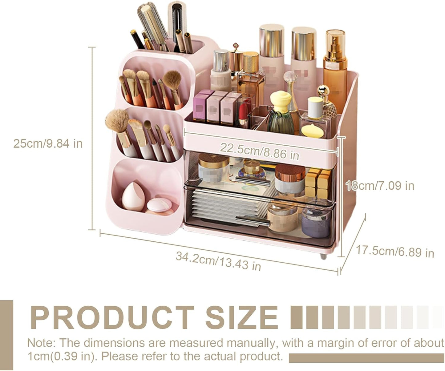 Makeup Organizer with Drawer - Skincare & Cosmetic Storage Box | Pink Beauty Holder for Lipstick, Brushes & Eyeliner