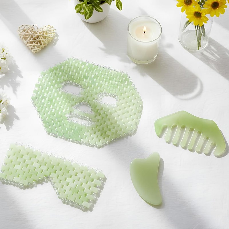 Jade Eye Mask Set - 4 Pcs Cooling Facial Massage Tools for Puffy Eyes | Light Green Jade Stone