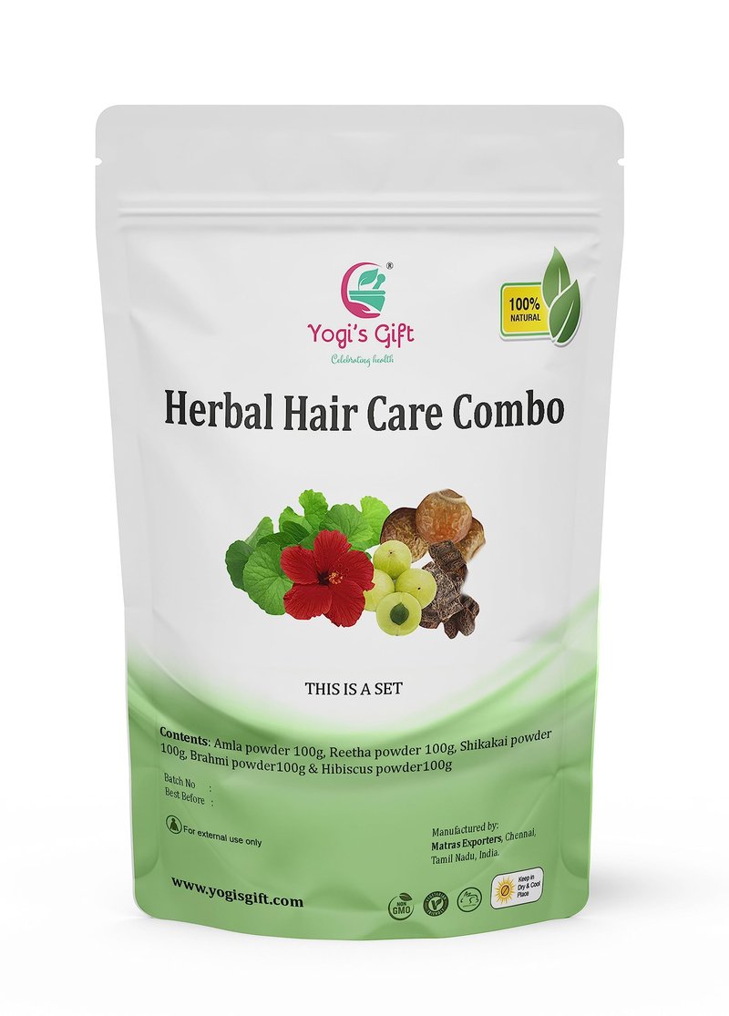Herbal Hair Care Combo Pack (3.5oz Each, 500g), Pack of 5 Hair Mask with Ayurvedic Powders, Amla, Reetha, Shikakai, Brahmi, Hibiscus for Hair Growth, 17.65oz By Yogi's Giftยฎ