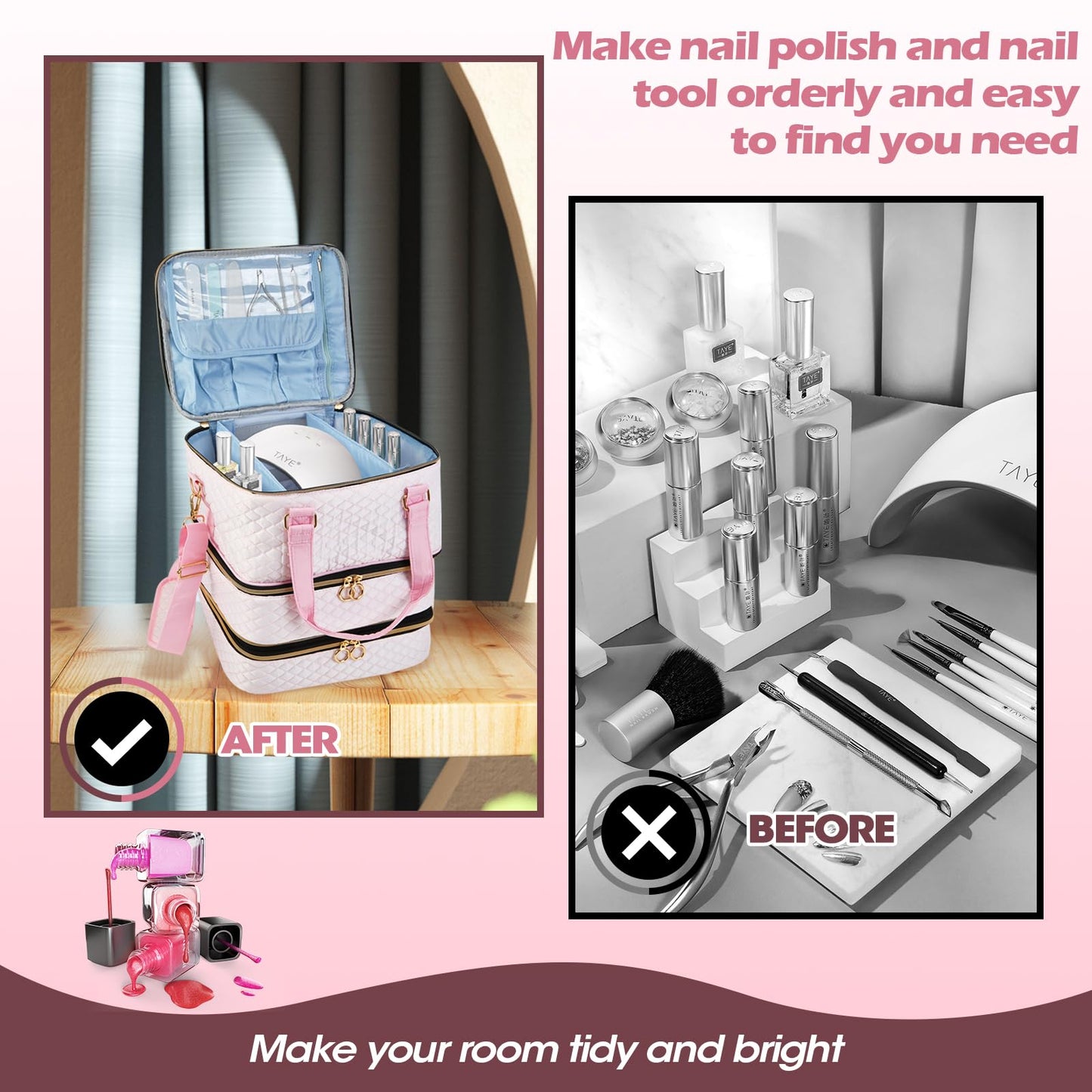Cheungren Nail Polish Organizer Case - Three Layer Nail kit Storage Bag with Adjustable Dividers Holds 84 Bottles Nail Polish Nail Lamp Nail Kit Supplies Organizer Box - Pink