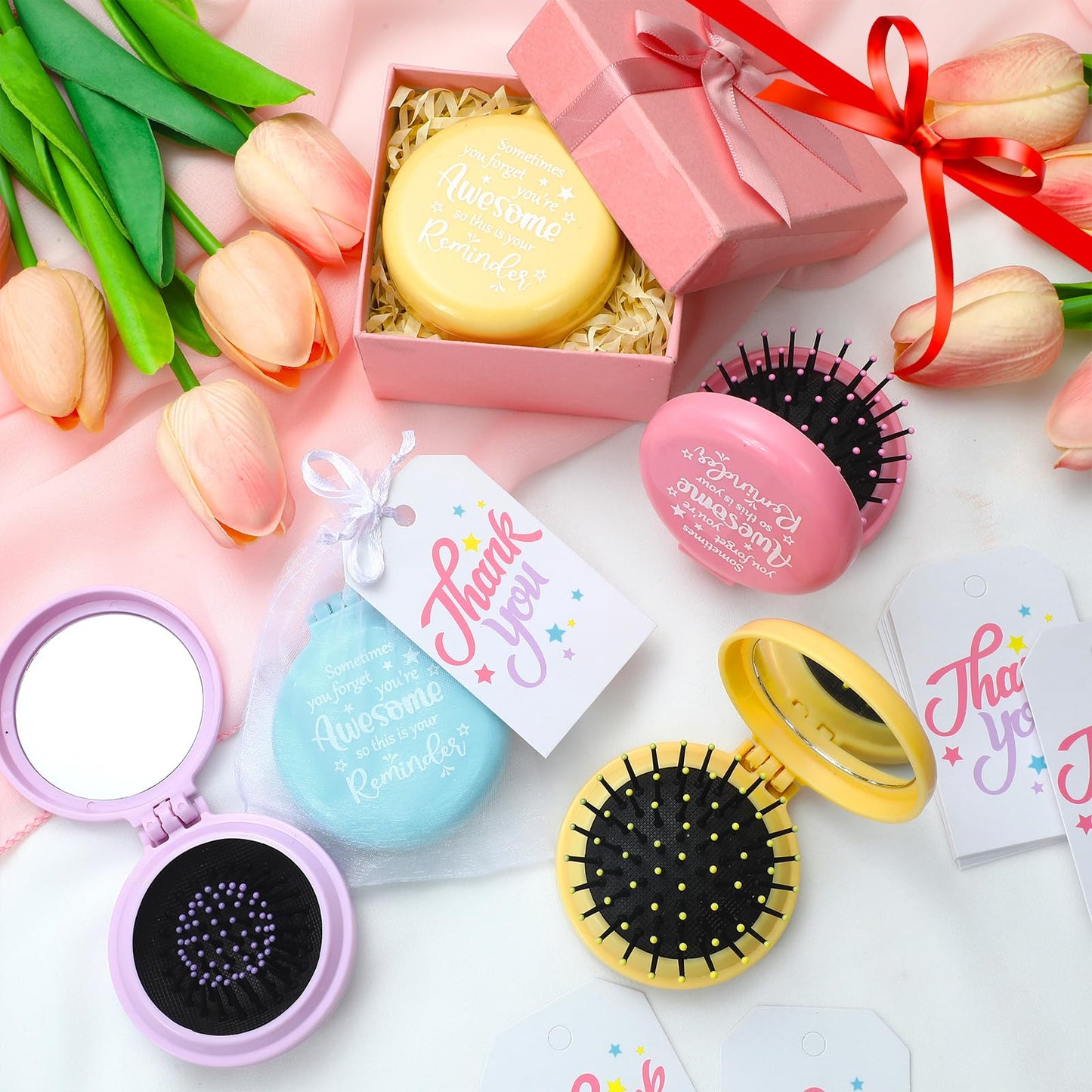 Cinnvoice 24 Pcs Christmas Employee Appreciation Gifts Bulk Folding Travel Brushes Stocking Stuffers Sometimes You Forget You're Awesome Thank You Gifts Mirror Brush for Women Coworker Teacher Staff