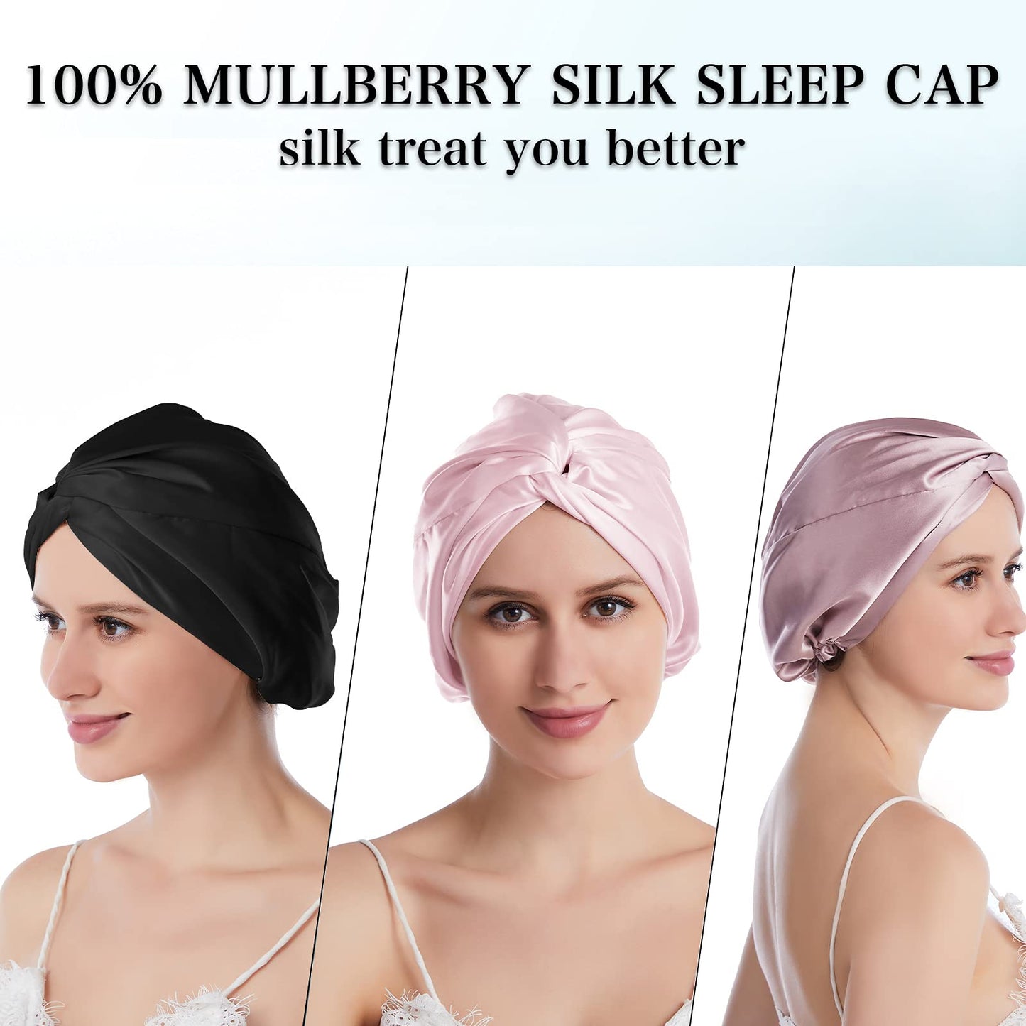 SOBONNY Silk Bonnet for Sleeping 100% Mulberry Silk Sleep Cap for Women Hair Care Night Cap Fixed by the Elastic(1Pc, Black)