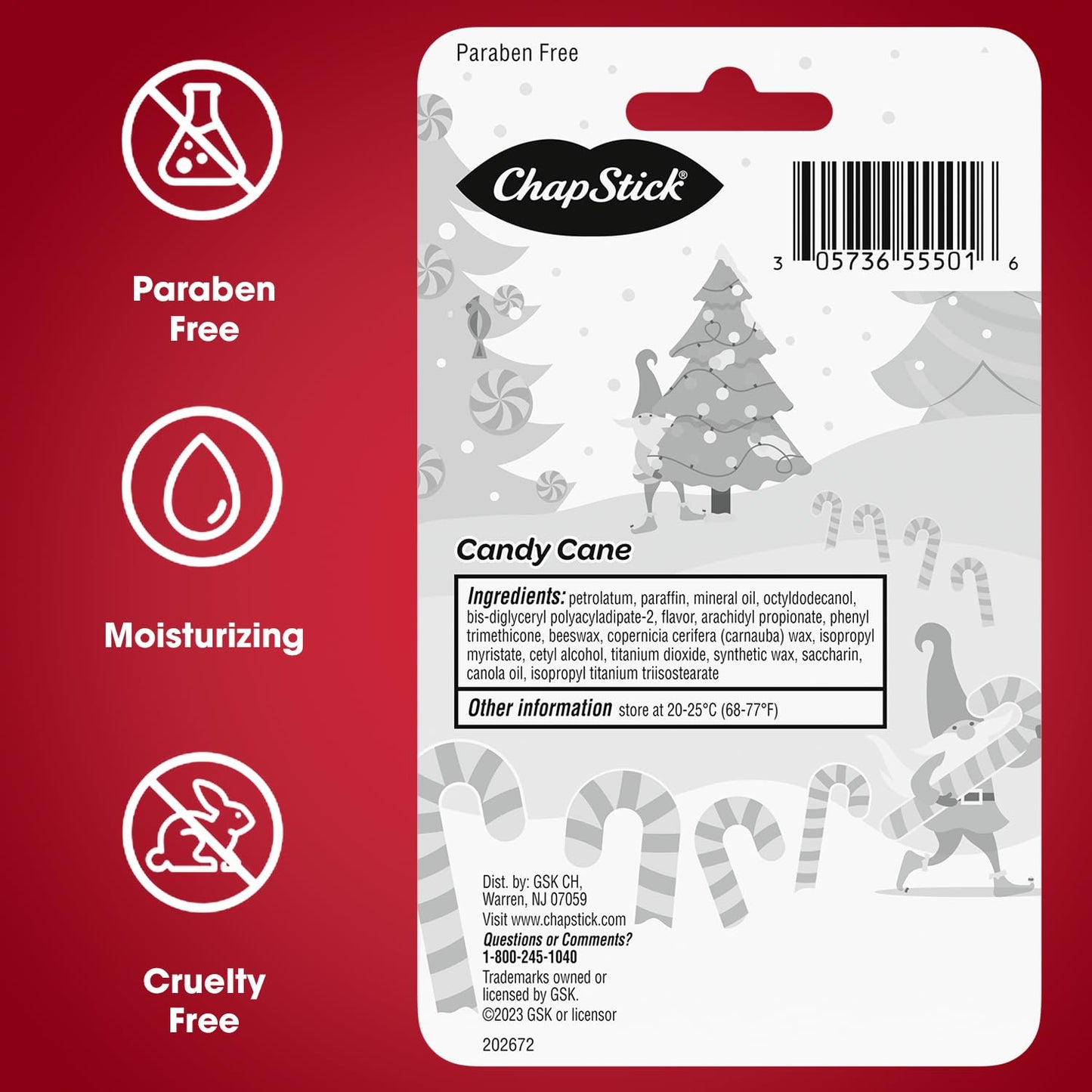 ChapStick Bulk Lip Balm, Candy Cane, 36-Count (12 Packs of 3) – Fresh & Minty Lip Moisturizer, Stocking Stuffer, 0.15 Oz Ea