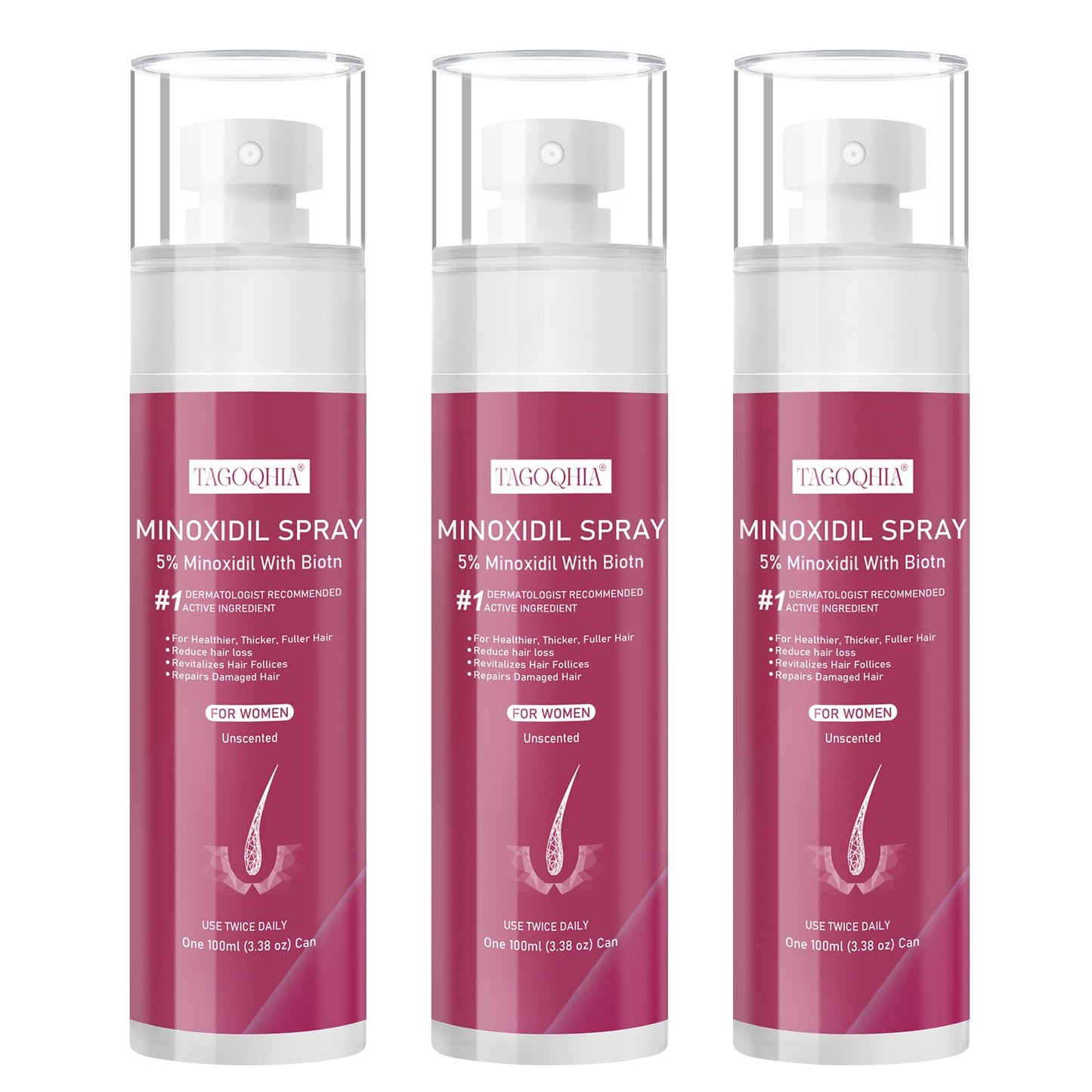 5% Minoxidil for Women Hair Regrowth Spray, hers hair regrowth treatment Infused with Biotin, Extra Strength Treatment to Combat Hair Loss and Thinning, 3 Bottles
