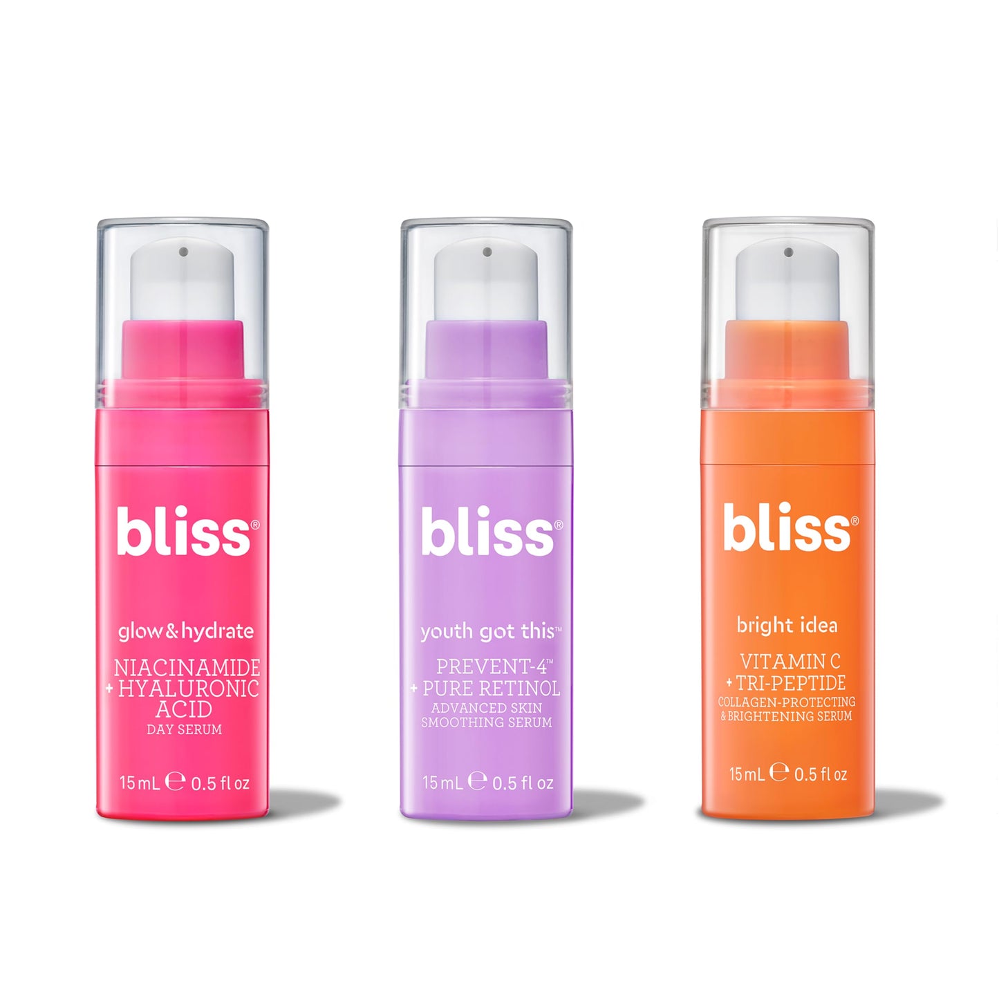 Bliss Skincare Mini Serum Set – Vitamin C, Retinol & Hyaluronic Acid Face Serums – Brightening, Anti-Aging & Hydrating Kit – Travel Size Gift Set (3 Pack)