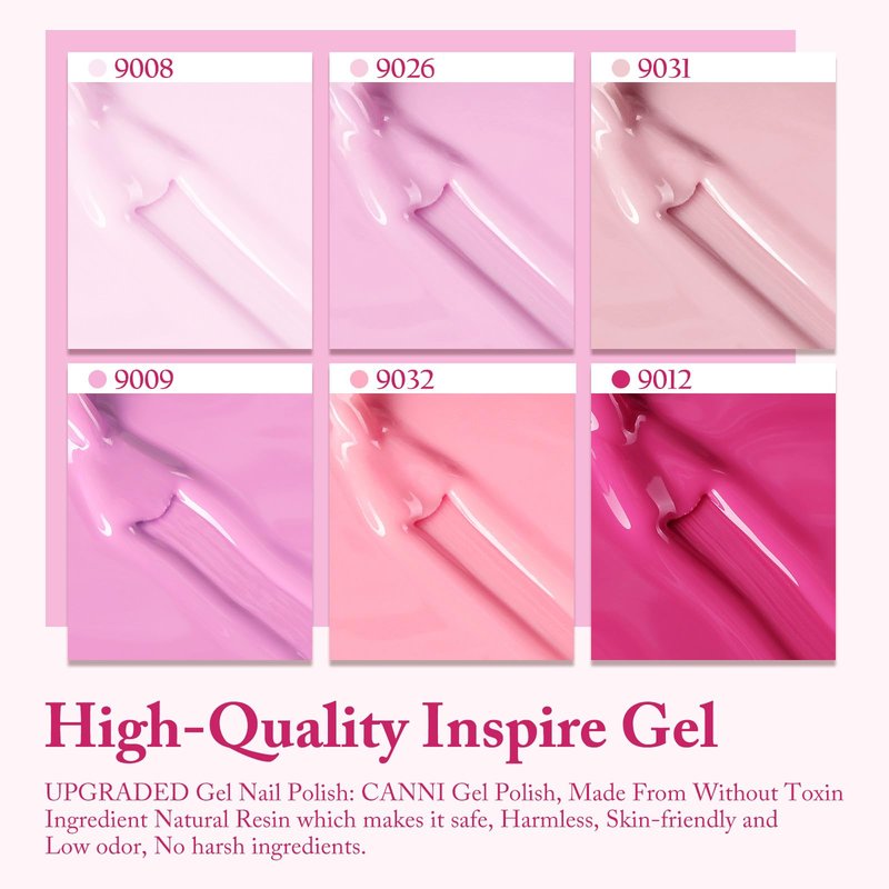 CANNI Pink Gel Nail Polish Set – 6 Soft Rose & Light Pink Colors, 9ML Each, Soak-Off UV LED Gel for Nail Art Design, DIY or Salon Manicure for Women