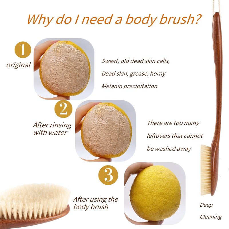 Focused on the Bathing Experience with Dry Brushing Body Brush, Long Wooden Handle with Back Scrubber,Shower Brush for exfoliator Skin and Remove Dead Skin Cells,for Advanced Users Dry Body Brush