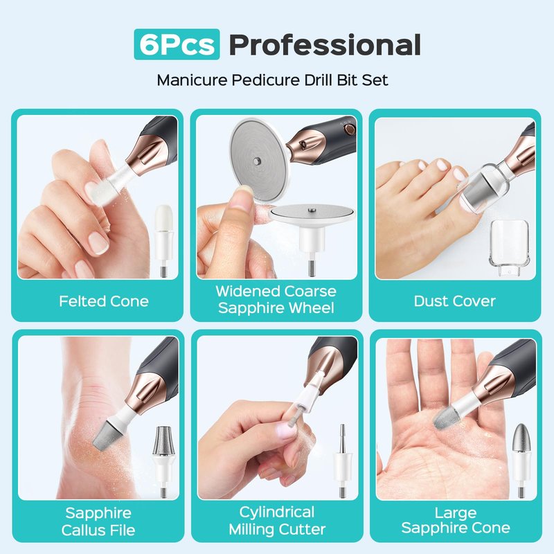 COSLUS C43 Professional Manicure Pedicure Kit, 5-in-1 Electric Nail File for Toenail Hand Feet, Basic & Thick Nails Care, Cordless, 5 Speeds, for Men Women Seniors Home Salon, Wider Grinder, Gray