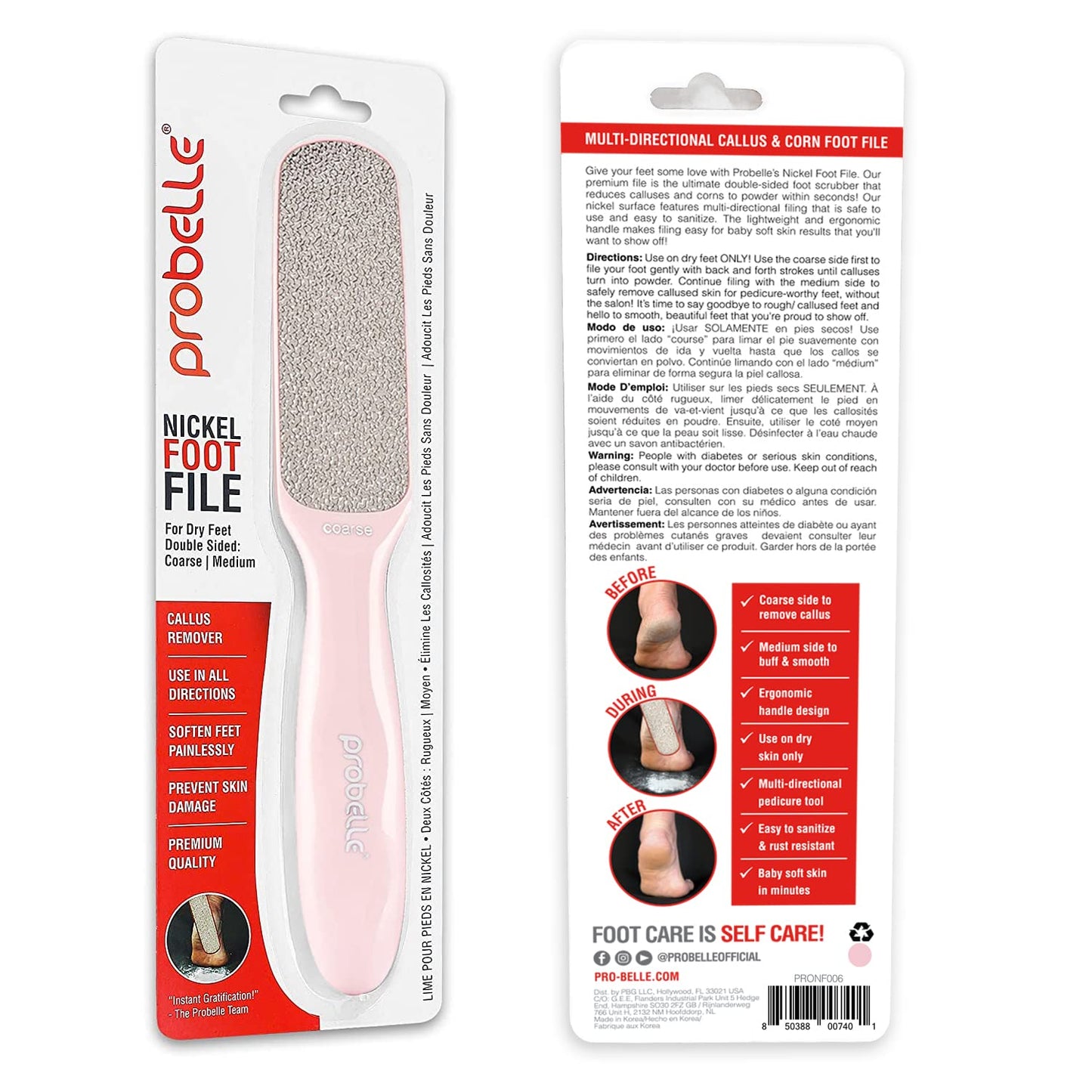Probelle Double Sided Multidirectional Nickel Foot File Callus Remover - Immediately Reduces calluses and Corns to Powder for Instant Results, Safe Tool (Pink)
