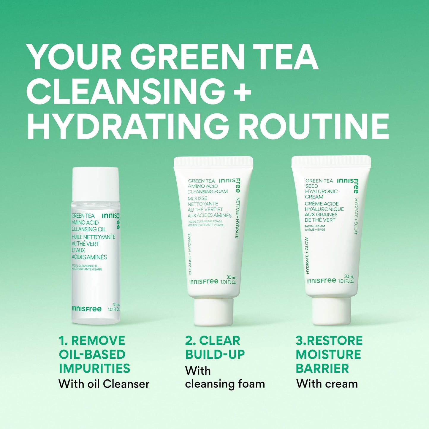 innisfree Green Tea Double Cleanse + Hydrate Trio | Korean Skincare Set with Hydrating Cleansing Oil, Face Wash, and Moisturizer | Gentle Lather | Sulfate-Free | Available in Gift Sets