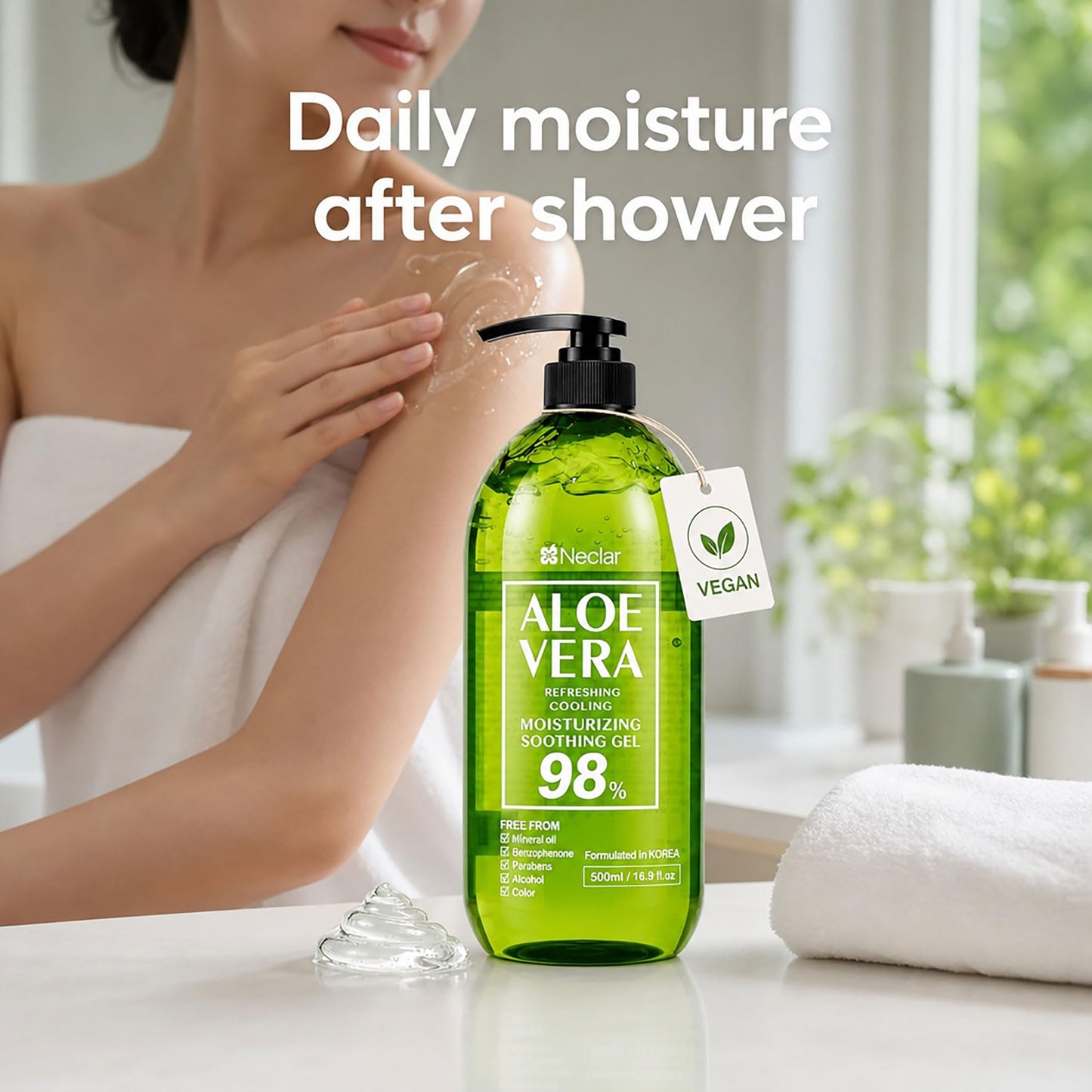 Neclar 98% Pure Aloe Vera Gel for Sunburn Relief - Big 33.8oz / 1000ml - Korean After Sun Care lotion For Face, Skin and Hair - Sun Burn Moisturizer Cream (33.8 Fl oz)