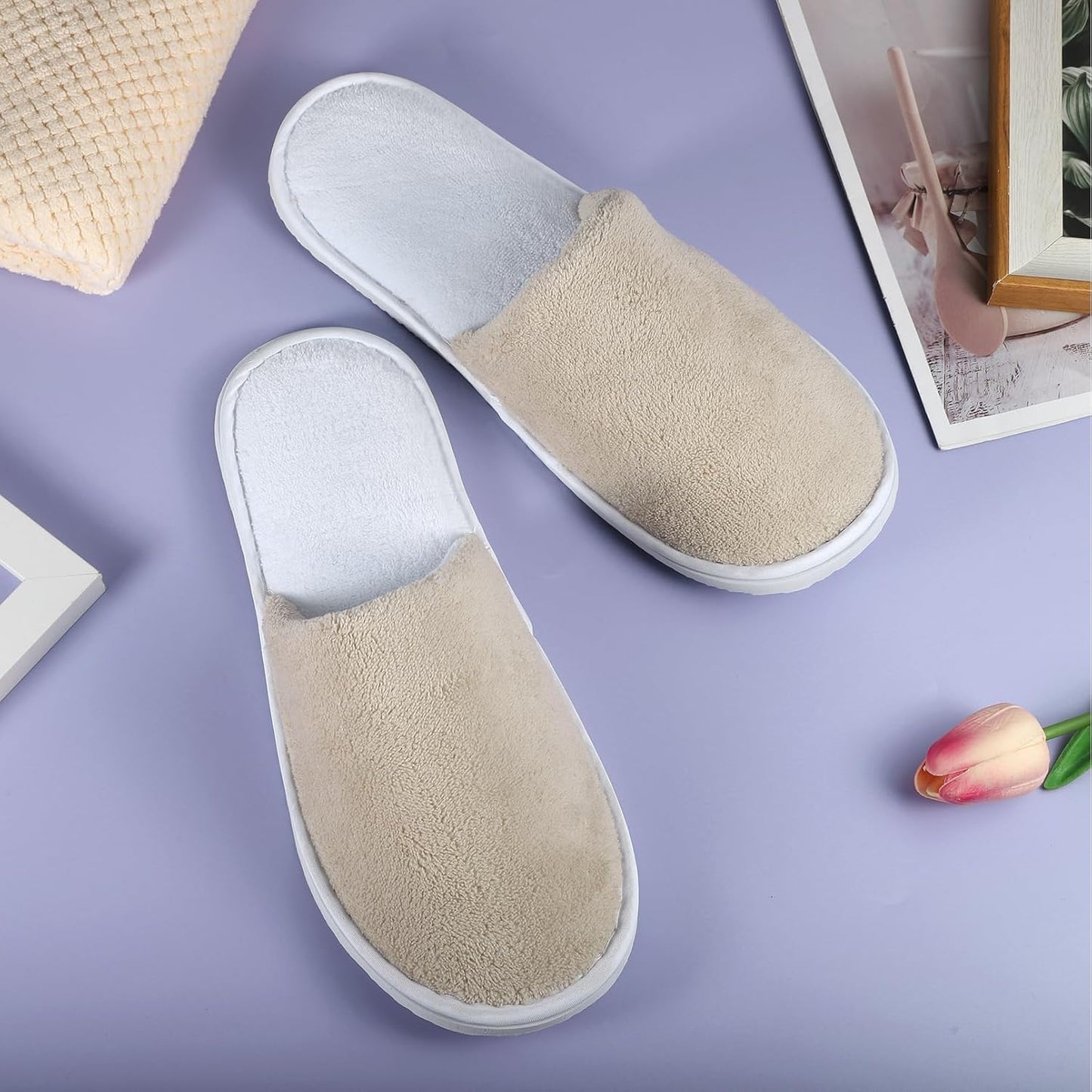 Disposable Spa Slippers - Grey Closed Toe Non-Slip Coral Fleece | 12 Pairs for Hotels & Home Use