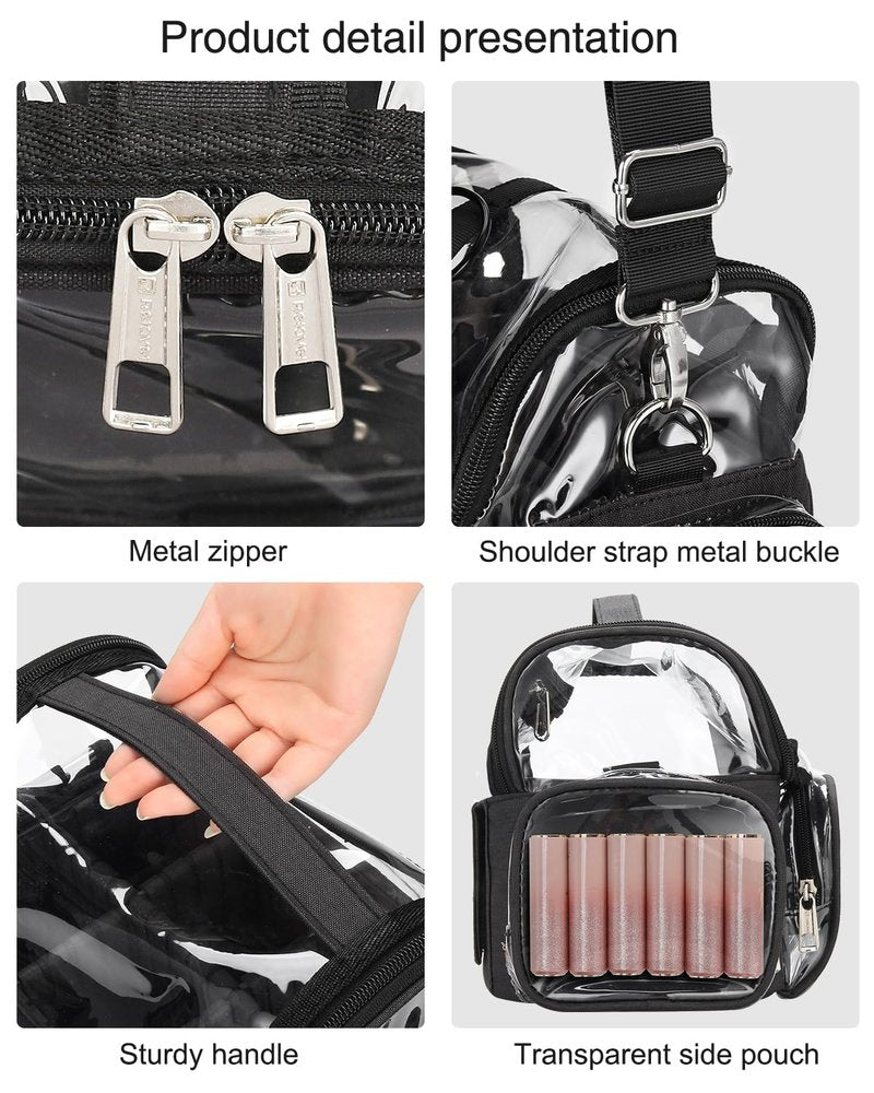 NAONAYA Makeup Brush Bag, Clear Makeup Brush Holder Professional Makeup Artist Travel Case Waterproof Cosmetic Organizer Bag, Full Open Easy to Access, with Adjustable Shoulder Strap and Dividers