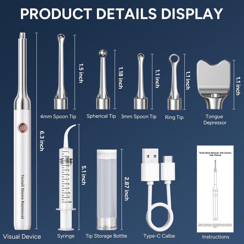 Tonsil Stone Remover with Camera - Upgraded Visual Tonsil Stone Removal Kit with 6 LED Light -Tonsil Stone Remover Tool with 1080P Camera, 5 Stainless Steel Heads, Irrigator, for iOS & Android(White)