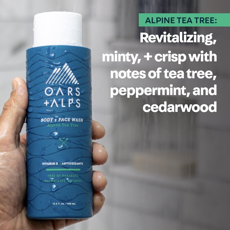 Oars + Alps Body Wash for Men, Mens Body Wash & Face Cleanser with Vitamin E & Antioxidants, Moisturizing, Paraben & Sulfate Free Cleanser, Alpine Tea Tree, 3pk