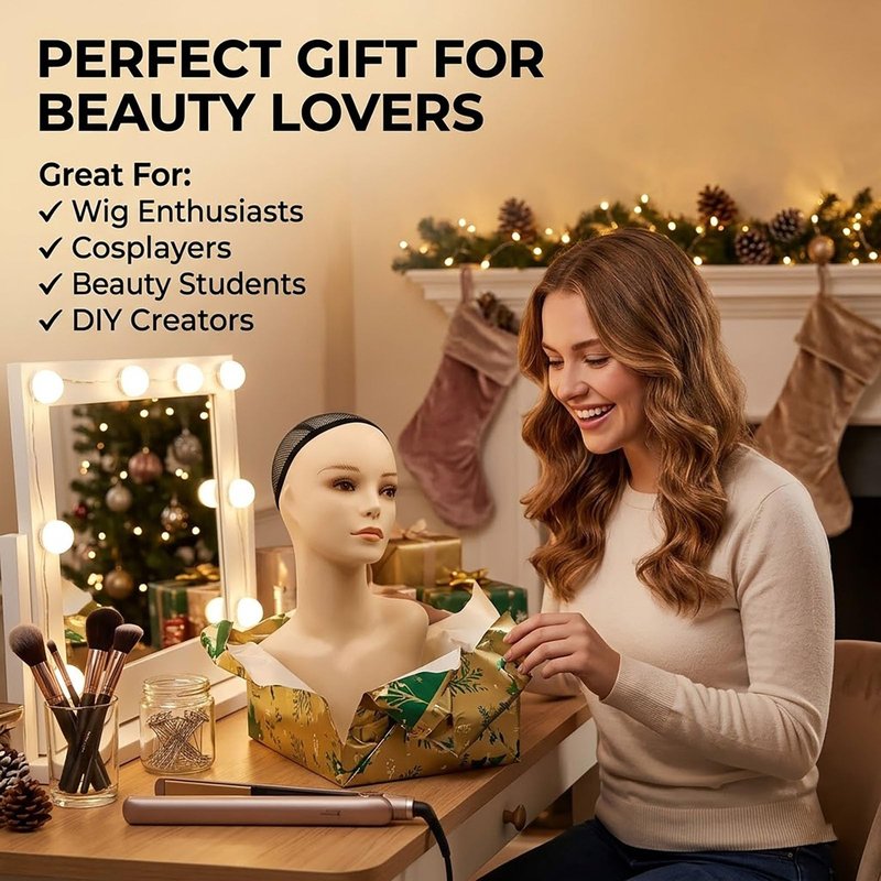 17-inch Female Mannequin Head Form with Eyelashes and Lips Display Stand for Wigs, Hats, Jewelry