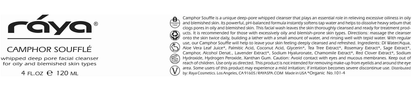 Raya Camphor Soufflé Facial Cleanser (101) - pH-Balanced Blemish Facial Wash for Oily & Break-Out Skin, Blackheads & Whiteheads, Clarify Pores, Refreshing Camphor Formula, Smooth Complexion - 4oz