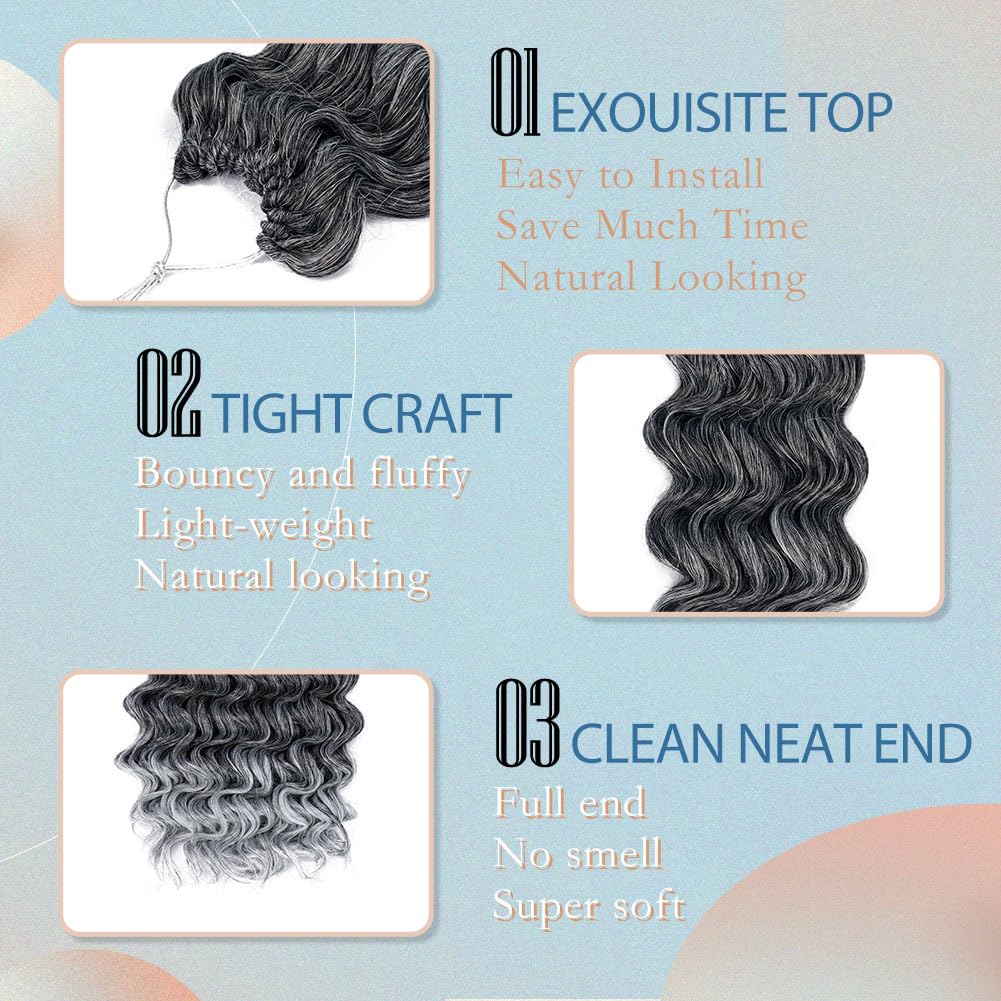 8 Packs Ocean Wave Crochet Hair for Women 14 Inch Curly Water Wave Braiding Hair Extensions Short Deep Curl Crochet Braids (14 Inch, T1B/Gray#)