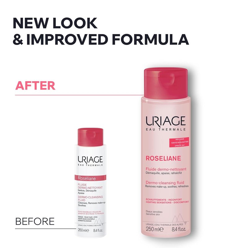 Uriage Dermo-Cleansing Fluid - Face Cleanser with Calendula, Rose & Apricot Oil | Paraben-Free, 250 mL / 8.45 oz