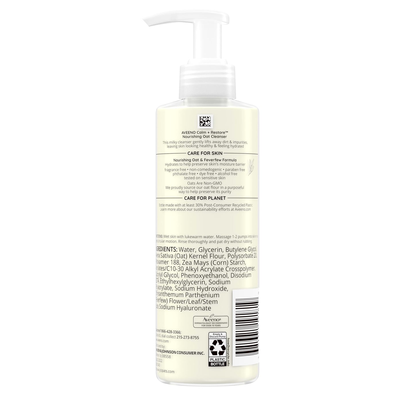 Aveeno Calm + Restore Nourishing Oat Face Cleanser, Daily Hydrating Facial Cleanser for Sensitive Skin with Nourishing Oat & Feverfew, Hypoallergenic, Non-Comedogenic, Fragrance-Free, 7.8 Fl Oz